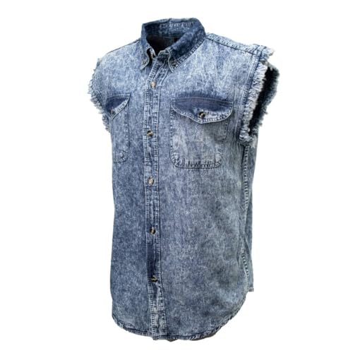 Milwaukee Leather MDM11684 Men’s Classic Light Blue Button-Down Cut Off Frayed Sleeveless Casual Shirt4