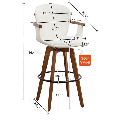 Image of LUNLING 30 inch Bar Height Stools Set of 3.Mid Century Modern Bar Stools,White PU Leather Kitchen Island Stools,Wood High Barstools Swivel with Back and Arms for Home Bar Furniture