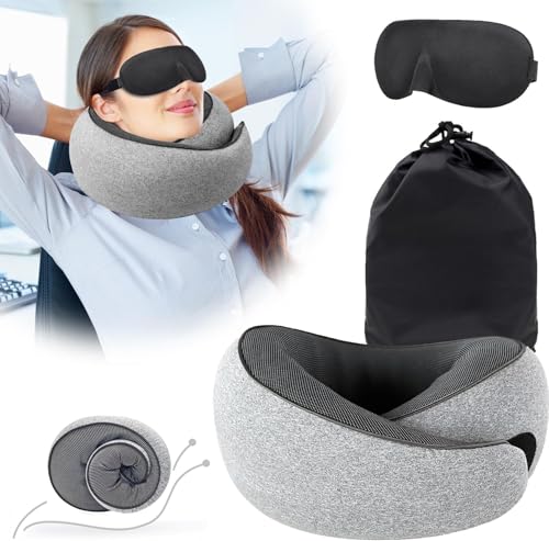 Grillix Gris Neck Pillow Travel Inflatable, Almohada de Viaje Ergonómico, Kit de Memory Foam, con Velcro y Bolsa para el Almacenamiento, Compacto y Ligero, Quick Pack para Camping, Sueño