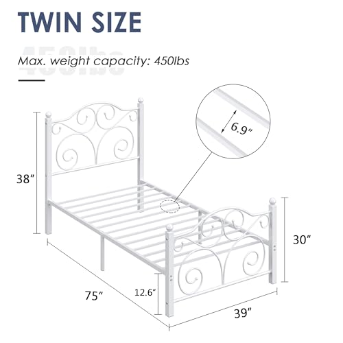 Image of VECELO Twin Size Bed Frame with Headboard and Footboard, Heavy Duty Metal Slat Support, Platform Mattress Foundation, No Box Spring Needed, Easy Assembly, White