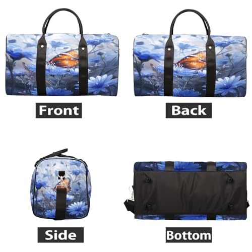 Flower Butterfly Blue Weekender Bag Travel Duffle Bag for Women Men Overnight Shoulder Bags Waterproof Foldable Sports Gym Tote Bags Carry On Luggage for Travel Sports Dance Yoga Hospital3