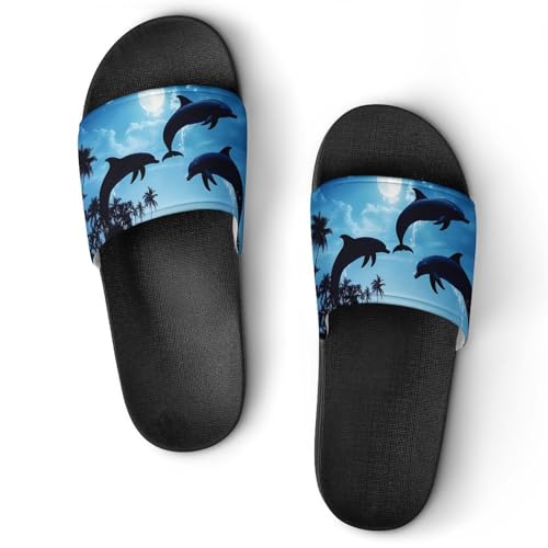 Dolphins Jumping Moon Night House Slippers for Women Men Lightweight Open-toe Slide Shoes for Bathroom Swimming Beach