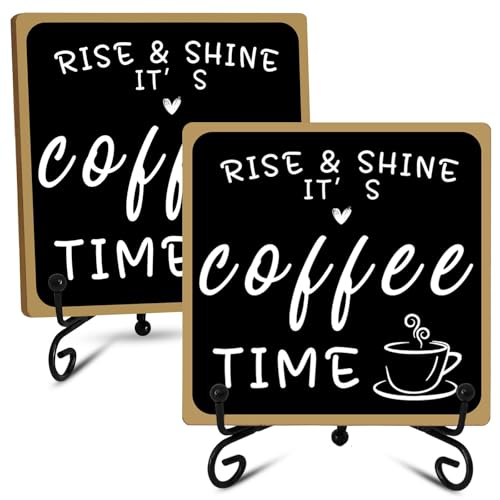 2Pcs Coffee Bar Sign Decorations, Black and White Coffee Sign Decor with Iron Stand Wooden Coffee Bar Decor Tabletop Shelf Accessories, Coffee Decorations for Coffee Bar Coffee Station Home Farmhouse