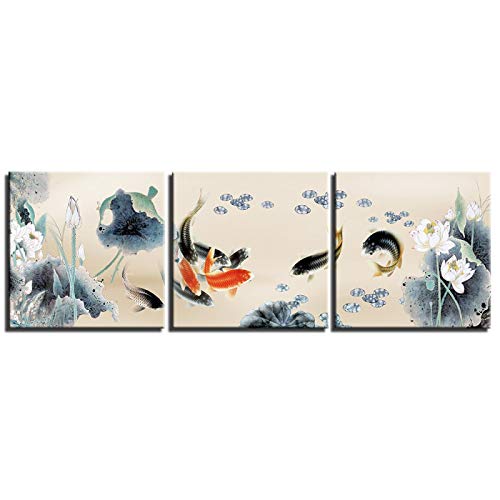 Tableau carpe koi style chinois pour salon | Triptyque zen 80x80 cm sans cadre