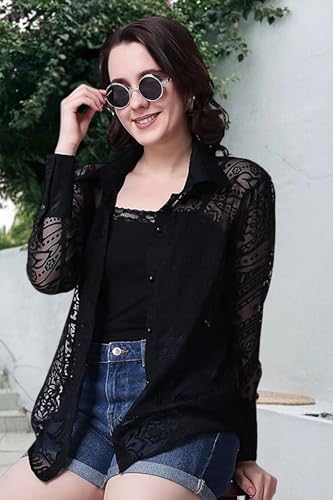 Image of POPWINGS Casual Net Laces Brasso Design Transparent Shirt for Women || Stylish Western Net Shirt for Women || Women Shirt for Summer || Full Sleeves Shirt for Women