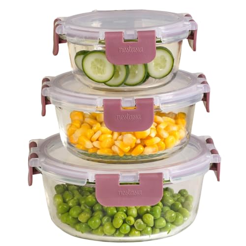 Image of Nestasia Nestro Airtight Glass Containers with Lid Set of 3 (215ml, 400ml, 600ml) | Spill Proof Round Glass Containers with Break Free Lock - Microwave, Dishwasher & Freezer Safe (Mauve)