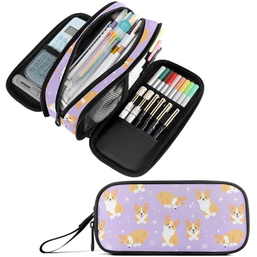 Image of Fustylead Smiling Cute Corgi Pet Dog Pen Pencil Case Makeup Pouch Big Capacity Multi-Purpose Travel Bag Office Organizer with Zipper