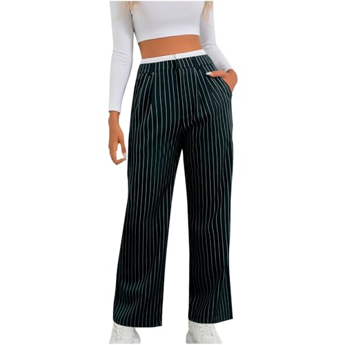 Women's Striped Straight Leg Dressy Pants High Waisted Color Block Business Casual Work Pants Palazzo Suit Trousers Army Green