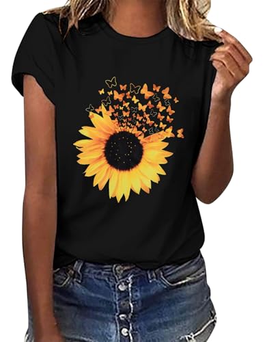 TOMEEK T Shirt Camiseta Mujer de Algodón Negro con Cuello Redondo Camisetas de Manga Corta con Estampado Casual T-Shirt Fashion Comfortable Crop Top(Girasol,S)