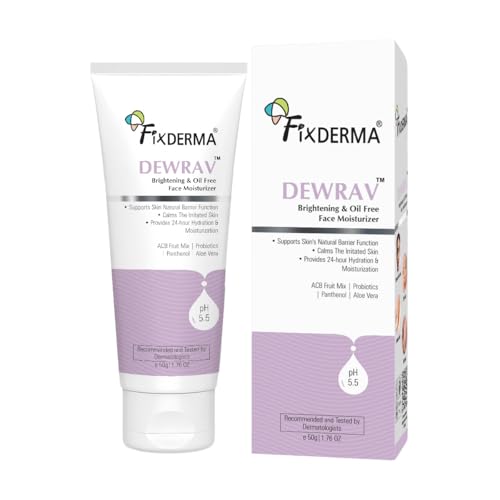Image of Fixderma Dewrav Brightening & Oil-Free Face Moisturizer with Panthenol & ACB Fruit Mix | 24-Hour Hydration | Dermatologist Recommended for Women & Men - 50g
