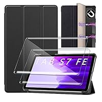 HYMY Hülle + 2 Pcs Schutzfolie Panzerglas für Samsung Galaxy Tab S7 FE hülle 12.4" - Flip Case Cover Schutzhülle Schutzfolie Samsung Galaxy Tab S7 FE panzerglas-Black