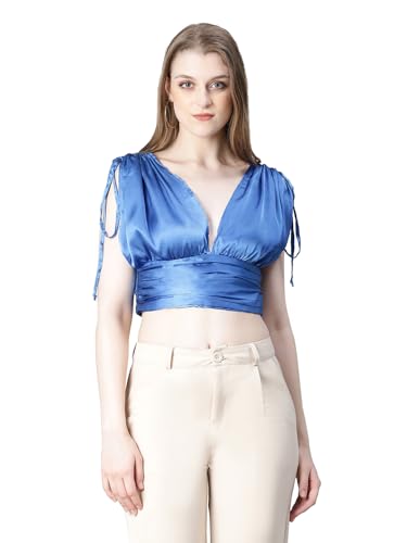 Image of oxolloxo Women Solid V-Neck Elasticated Tie-Up Satin Crop Top