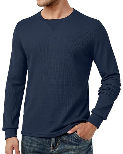 Image of AIYINO Men's T-Shirts Long Sleeve Tops Solid Cotton Tshirts for Men UK Waffle Casual Long Sleeved t Shirt Fashion Clothes Tee Navy M