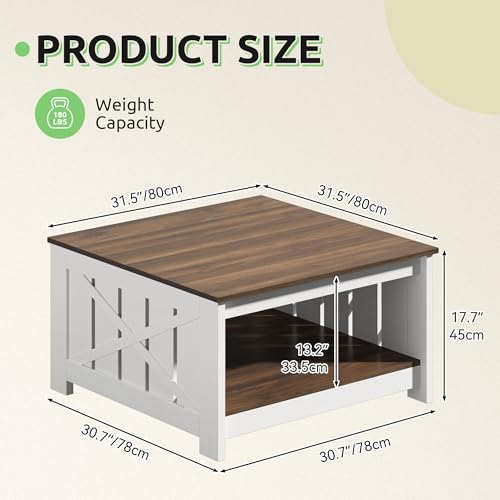 GOOBED Farmhouse Sqare Coffee Tables for Living Room with Storage, Grey Wash Coffee Table 2 Tier Spaciou Storage Shelf, Modern Center Table Small Coffee Tables, Brown and White