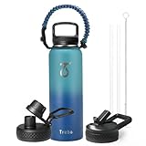 Trebo 40oz Water Bottle Insulated with Lid and Straw,Double Wall Vacuum Stainless Steel Metal Tumbler Sports Flask with Paracord Handle, Keep Hot 24 Hours & Cold 48 Hours Water Jug with 3 Lids