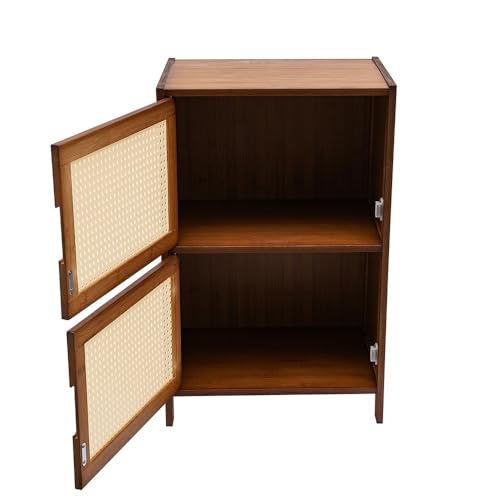 Comodino in bambù, porte in rete di rattan, comodino a 2 livelli con ante magnetiche, armadio compatto per camera da letto e soggiorno
