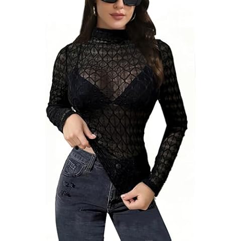 BemorRun Lace Long Sleeve Tops for Women Mesh Long Sleeve Tops Mock Neck See Through Tops Cover