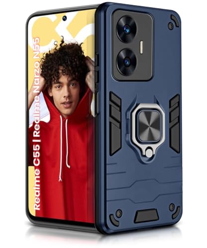 Image of WOW IMAGINE Shock Proof Back Case Mobile Cover for Realme C55 | Realme Narzo N55 | Back Cover Case (Tough Armor | Hybrid PC + TPU | Ring Holder & in-Built Kickstand | Blue)