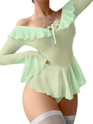 Image of Foxiny Sheer Ruffle Long Sleeve Babydoll Lingerie Dress | Off-shoulder neckline, flared cuffs and a flounce hem add movement; thong and thigh-high stockings complete the 3-piece set