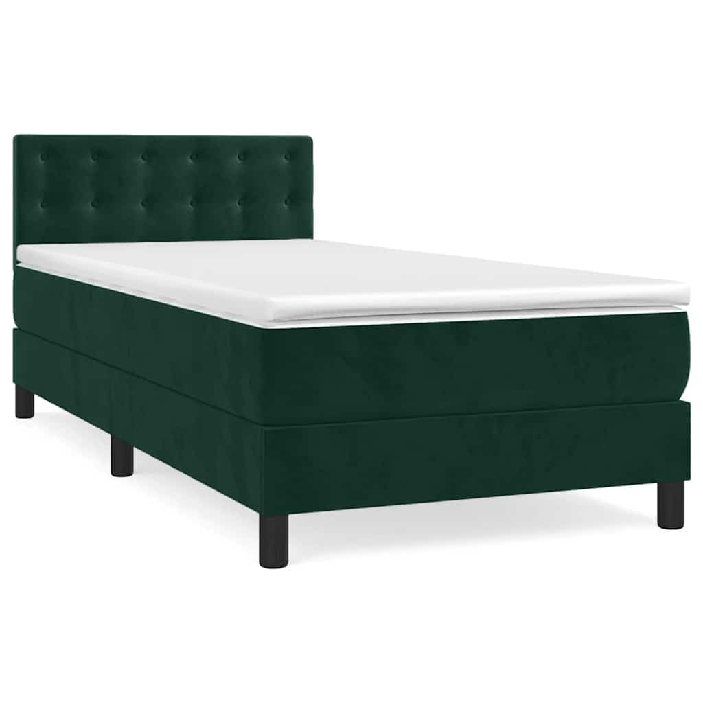 Cama con somier, color verde oscuro, 90 x 190 cm, terciopelo con colchón de muelles ensacados y colchón de dureza media para un sueño reparador