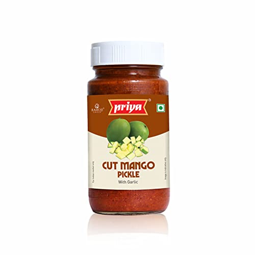 Image of Priya Cut Mango Pickle with Garlic, 500g - Authentic Telugu Style Aam Achar | Traditional South Indian Taste | Homemade Andhra Pickles | Tangy and Spicy | With Mango Pieces & Mixed Spices | Glass Jar