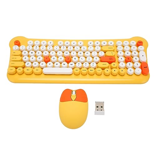Wireless Keyboard and Mouse, 2.4G Retro Round Keycap Keyboard Mouse Combo with 98 Keys and Numeric Keypad for PC Laptop Chromebook Smart TV (Yellow)