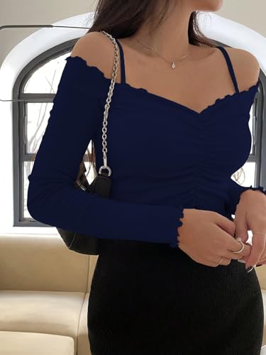 Image of Sugathari Women's Purple Solid Colour Open Cold Off Shoulder Long Sleeve Lettuce Hem Casual Autumn Trim Tight- Slim Fitting Ruched Front Ladies' Camisole Top, Tee, T-Shirt (T-Shirt 184)