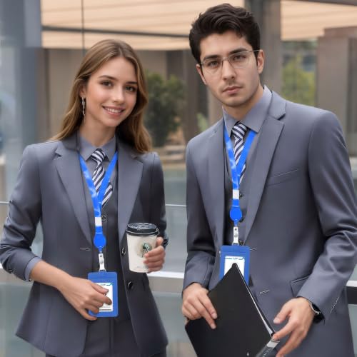 Image of Conisy ID Badge Holder with Retractable Lanyard, Vertical PU Leather ID Badge Card Holder with 2 Card Slots for Women Men (ID Badge Holder Navyblue)
