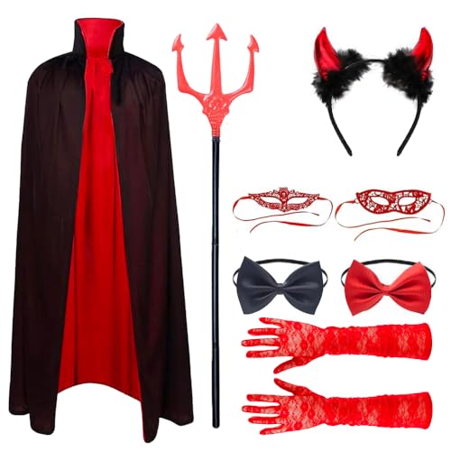 Yi'antai 8 Stück Teufel Kostüm Damen, Halloween-Kostüm für Damen, Devil Costume mit Teufelshörner, Teufel Umhang mit Teufelsgabel,...