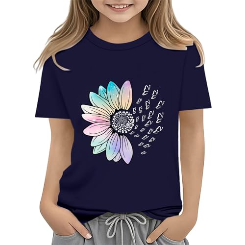 Girls Loose Fit Sunflower Graphic T Shirts Short Sleeve Crewneck Cute Pattern Printed Tops (A-Dark Blue, 10-11 Years)