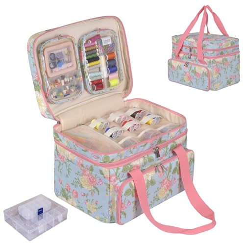 Remobia Hicol Sewing Accessories Organizer Double Layer Sewing Storage Organizer Bag with 2 Detachable Pouches and 2 Pack Clear Plastic Organizer Box Large Sewing Supplies (Rose Pattern)