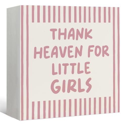CalmVerve Girl Nursery Decor Wooden Box Sign, Thank Heaven for Little Girls Wood Block Signs Decorations, Pink Striped Wood Box Signs for Girls Room Bedroom Desk Shelf Tabletop Decor, 5x5 Inch