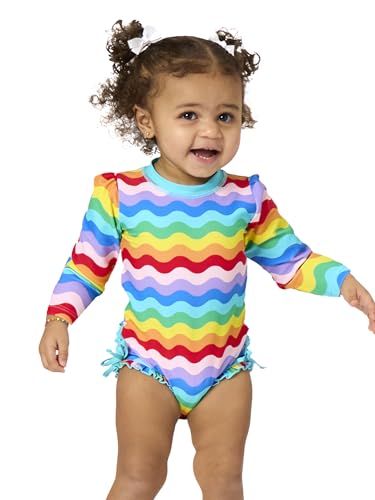 Image of RuffleButts Baby Girls UPF 50+ Sun Protection Floral Printed Long Sleeve One Piece Rash Guard Swimsuit with Zipper