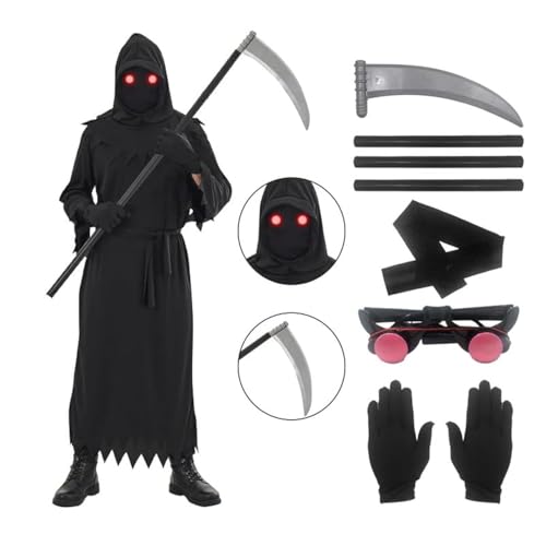 Udekit Sensenmann Kostüm Karneval Halloween Grim Reaper Cosplay Kostüm mit Todessense Handschuhe Leuchtende Gläserund Maske für Erwachsene Groß