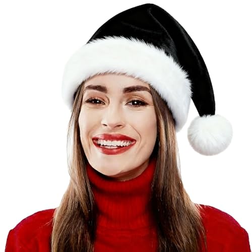 LKQBBSZ Santa Hat for Women Adults Unisex Velvet Comfort Xmas Hat Extra Plush for Christmas New Year Festive Holiday Party (Black)