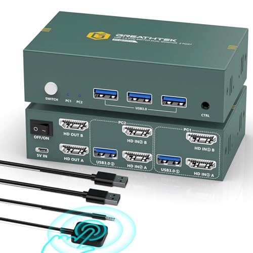 8K60Hz HDMI USB 3.0 KVM Switch 2 PC 2 Monitore, 4K144Hz KVM-Switches, 2 PC 2 Monitor Switch mit 2 usb-Kabeln zum Teilen von Tastatur, Maus, Drucker und zur Unterst&uuml;tzung von bis zu 3 USB-Ger&auml;ten