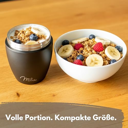 Foto von Milu Müslibecher to go 400ml MüsliMax I isolierter Edelstahl Joghurtbecher für Müsli I auslaufsicherer Becher mit Löffel für Yoghurt/Porridge (Schwarz)