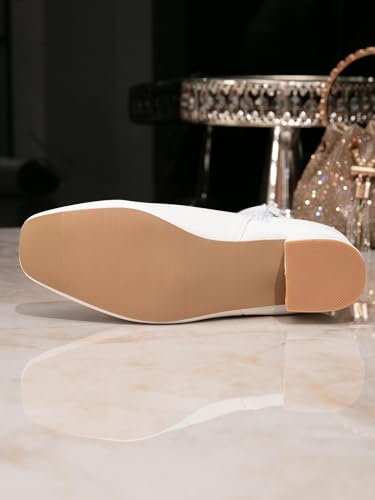 Women's Ankle Boots, White Leather, 2-Inch Block Heel, Round Toe, Side Zipper 7