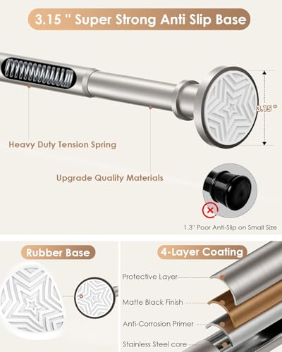 Image of Brushed Nickel Long Shower Curtain Rod Tension Rod for Outdoor Patio No Drilling Adjustable 30-121 In(10Ft) 1.1 inch Dia Stainless Steel Rustproof Thick Spring Heavy Duty Rods for Window Pergola Bathroom