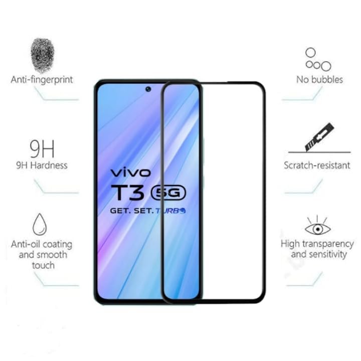 Image of Tempered Glass Screen Protector Compatible For Vivo T3 5G Smartphone Full Screen Coverage (Except Edge To Edge) And Free Complete Easy Installation Kit