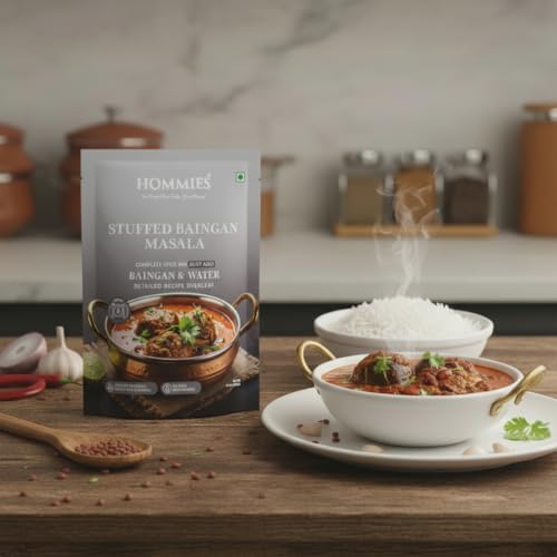 Image of Hommies Stuffed Baingan Bharta Masala Spice Mix | Ready to Cook in 15 Mins | Just Add Eggplant & Water | Serves 4 | Authentic Curry Masala with Groundnut | No Preservatives | Pack of 4 (200g, 50g Each)