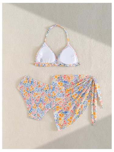 Girl's 3 Piece Swimsuit Floral Bikini Set High Waisted Bathing Suit Halter Swimsuit with Cover Ups Beach Skirt2