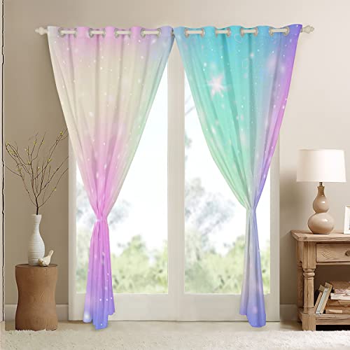 Homemissing Gradient Blackout Curtains(30%-50%) Purple Green Dreamy Gradient Curtain Galaxy Ombre Window Dreapes for Bedroom Children Fairy Window Treatments W52*L90 - Image 4