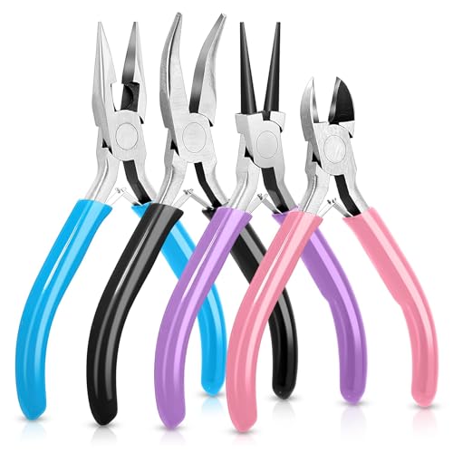 Jewelry Making Pliers Set - 4 Pcs Tools With Wire Cutters, Round Nose, Chain Nose, Bent Nose - Mini Pliers for Jewelry Repair, Crafts, and Supplies
