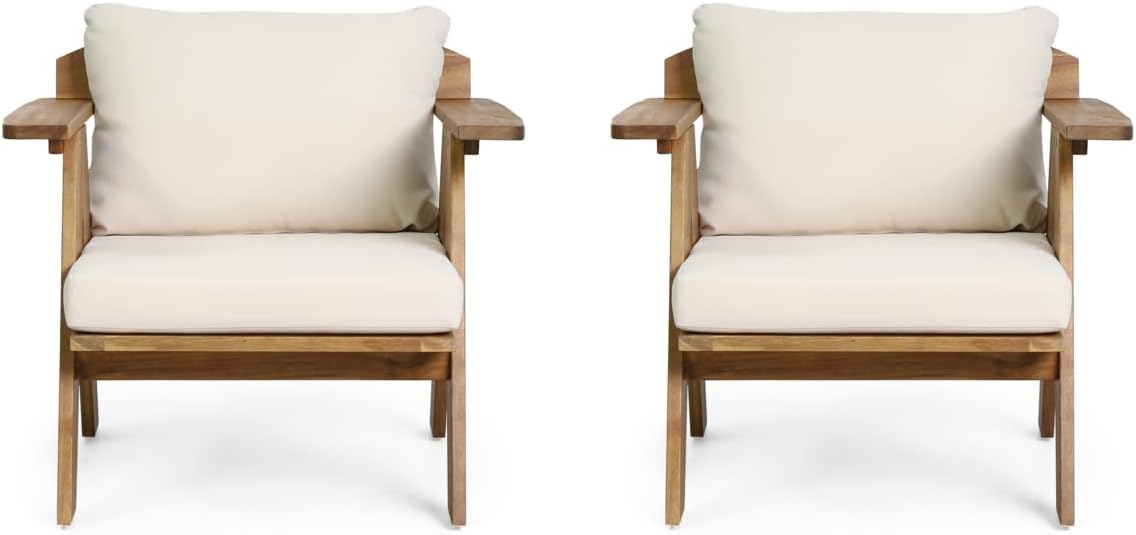 Christopher Knight Home Arcola Outdoor Acacia Wood Club Chairs with Cushions (Set 2), Teak Finish, Beige