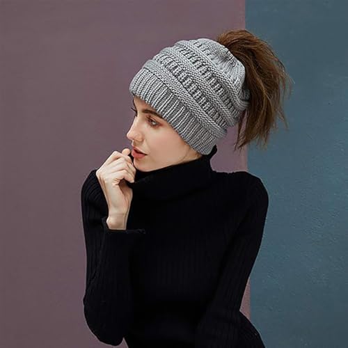 TMTGTS Weiche Brötchen WinterMütze Damen Pferdeschwanz Messy Bun Beanie Tail Knit Slouchy Hat Warme Stretch Zöpfen Loch Loop Slouch Strickmütze für Damen Mädchen Langen Haaren EIN Stücke(1#)