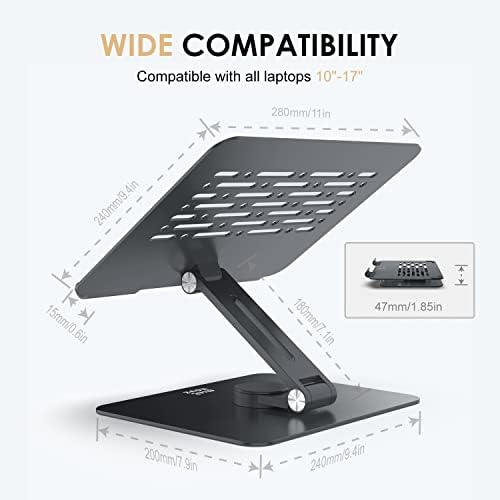 Minthouz Laptop Stand for Desk, Aluminum Laptop Riser with 360° Swivel, Foldable Laptop Holder Ergonomic Aluminum Notebook Stand, Height Adjustable Computer Stand Fit for All Laptops 10-17 inch(Black)