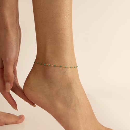 Image of 18K Gold Plated Boho Beaded Anklets for Women Dainty Gold Layered Round Ball Ankle Bracelet Pearl Cross Anklet Bracelet Waterproof Gold Jewelry
