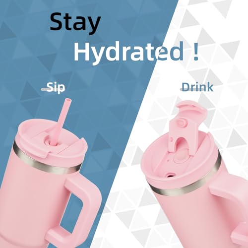 Image of Konokyo 40 oz Insulated Tumbler Water Bottle with Handle, Straw Lid | BPA-free and dishwasher safe; made for gym, travel, coffee and gifting, 2 straws, cup holder friendly,Pink
