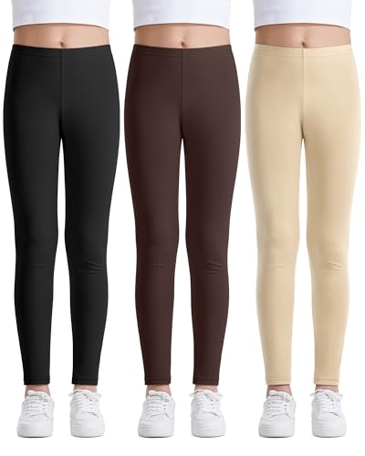 Auranso Kids Girls Leggings Full Length Cotton Tights Pants Black/Brown/Beige 9-10 Years